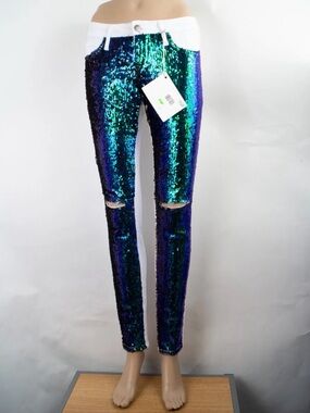 Cello Iridescent Blue-Green Sequin Skinny Jeans